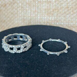 Set of 2 Silver Rings-Size 10.5-Ball Spike Accents & Square Rhinestones